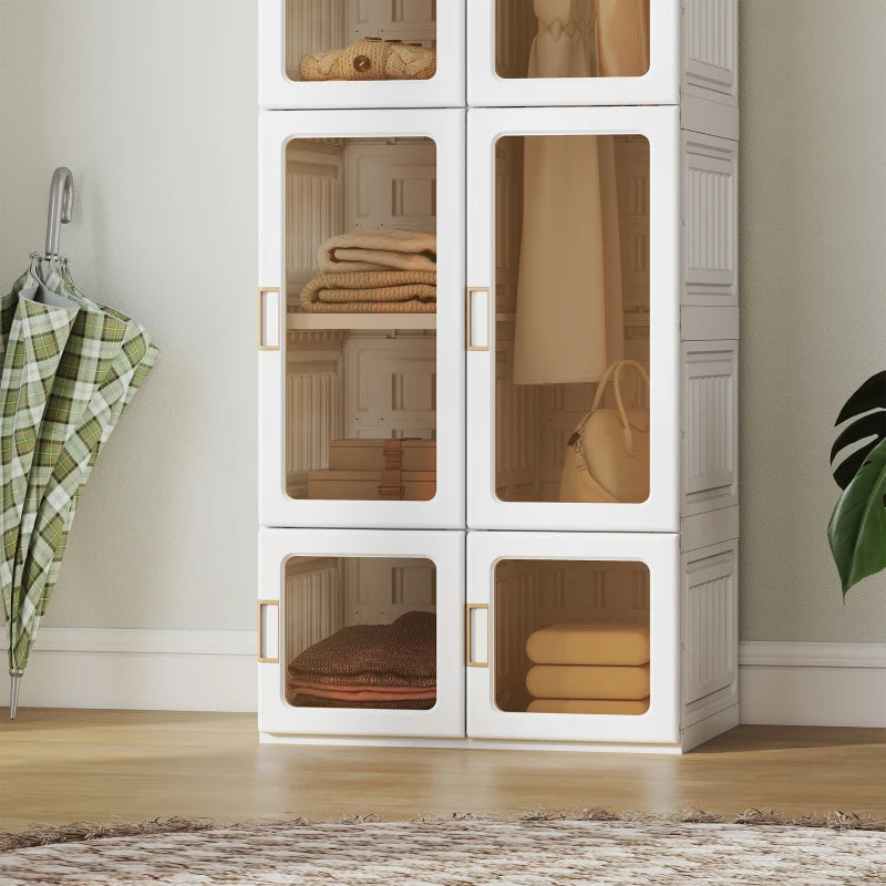 Portable Wardrobe, Foldable Plastic Closet with 6 Compartments, Hanging Rod and Magnetic Doors, White