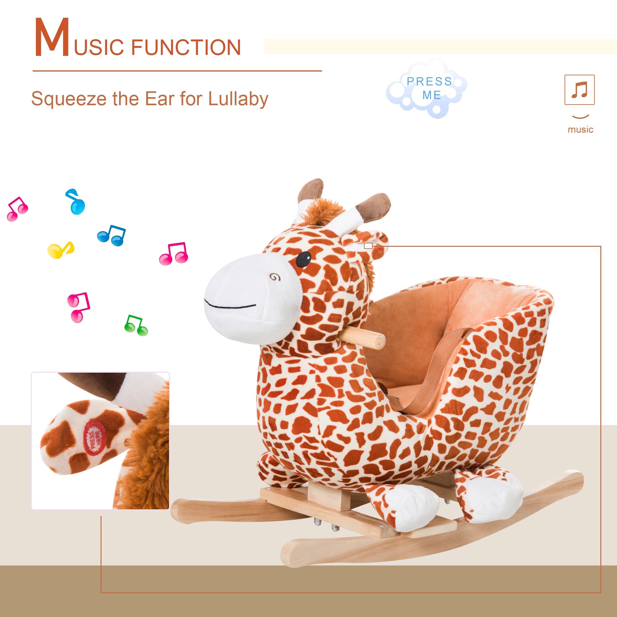 Qaba Plush Rocking Horse Ride-On Toy Toddlers Sound Safety Belt Giraffe Theme Musical Rocker Kids Playtime 