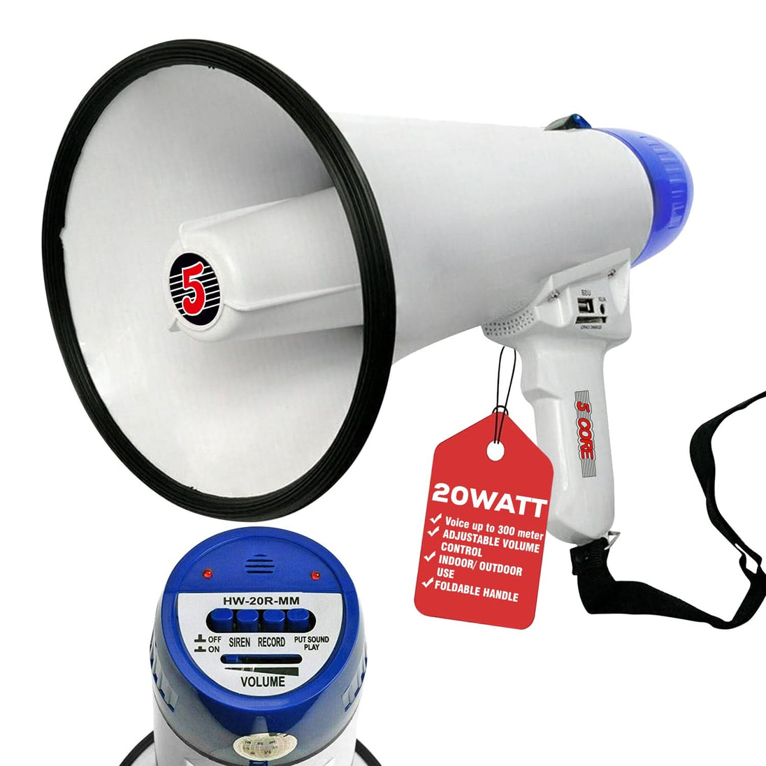 5Core Megaphone Bullhorn Speaker 20W Bull Horn Battery Power Cheer Megafono Loudspeaker USB