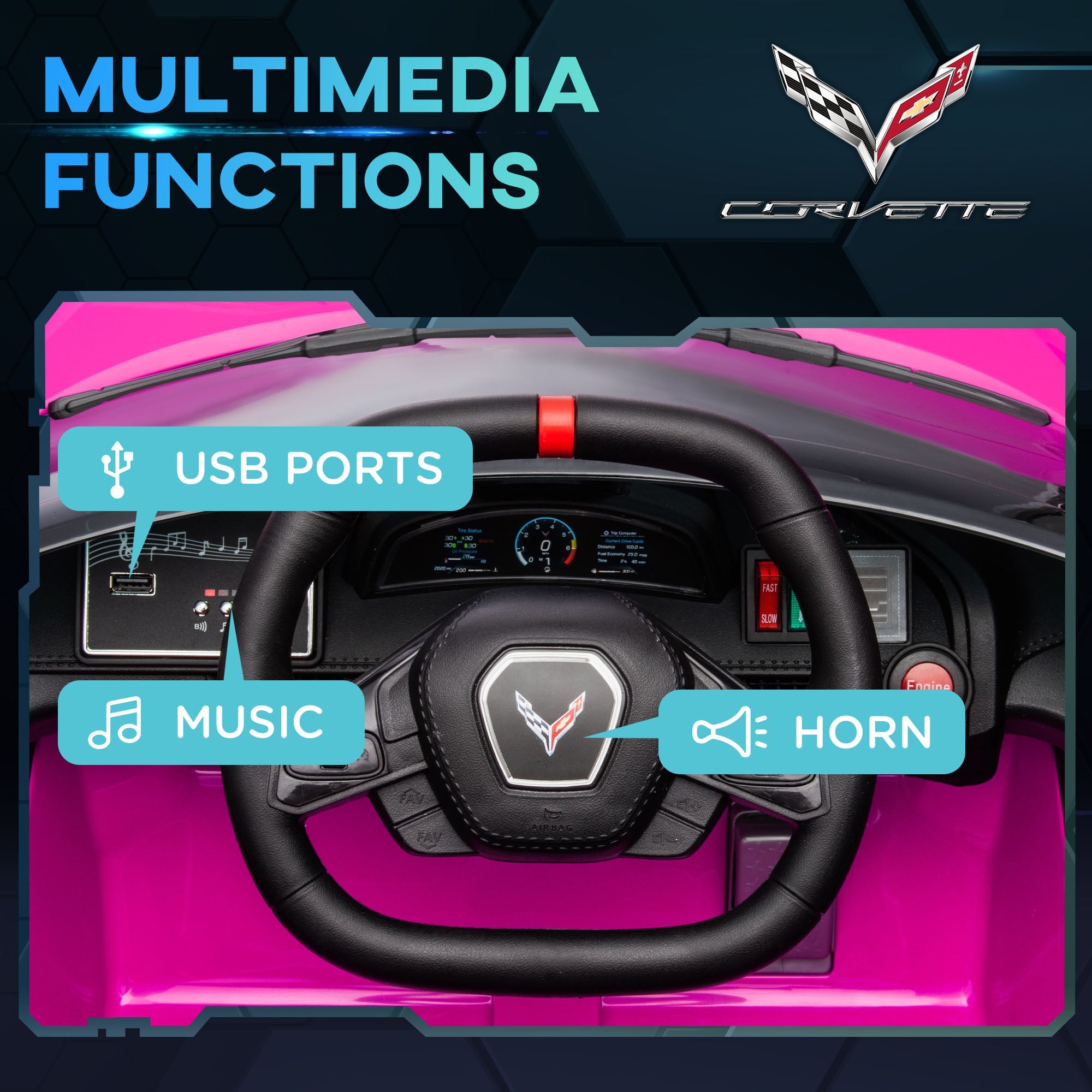 Qaba 12V Kids Electric Car Corvette Licensed Remote Control Suspension System Music Headlight Slow Start Pink Ride On 