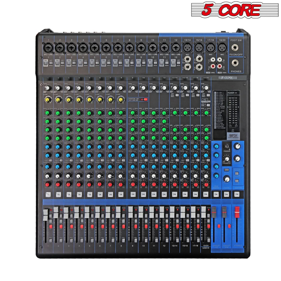 5Core Audio DJ Mixer 20 Channel Sound Board Console w 24 SPX Effect 48V Phantom Power