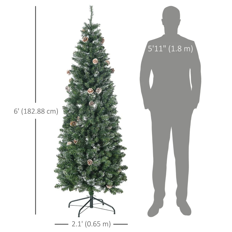 HOMCOM 6ft Prelit Pencil Artificial Christmas Tree – 395 Realistic Branches, 100 LED Lights, Foldable Metal Base, White 