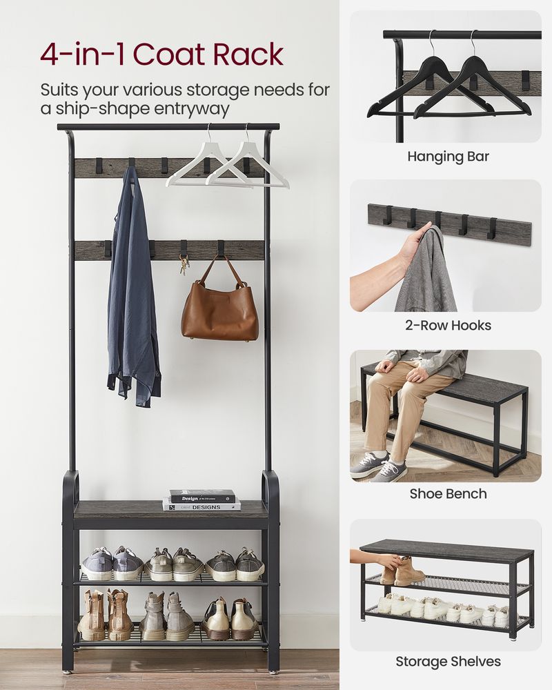 VASAGLE Industrial Coat Rack with Bench for Entryway 