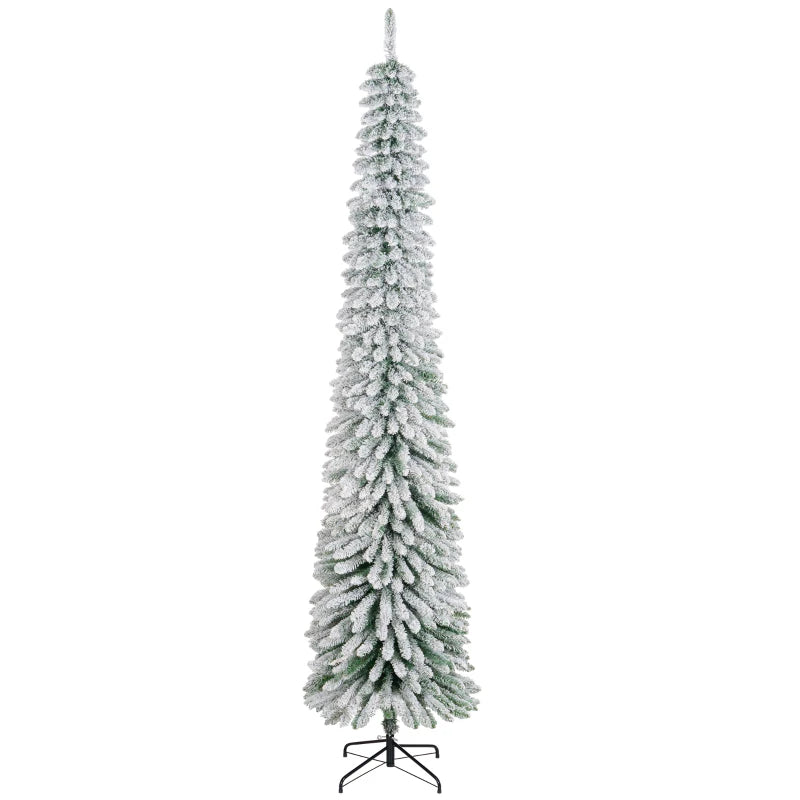 HOMCOM 7ft Snow-Flocked Artificial Christmas Tree – Slim Pencil Design, 490 Realistic Branches, Metal Base, Green 