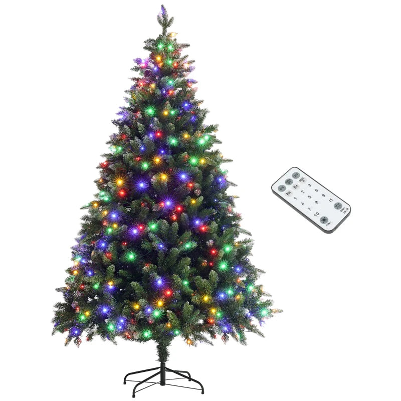 HOMCOM 7FT Prelit Artificial Christmas Tree with Dual-Colour LED Lights, Hinged Xmas Tree with Remote for Home & Office Holiday Décor 