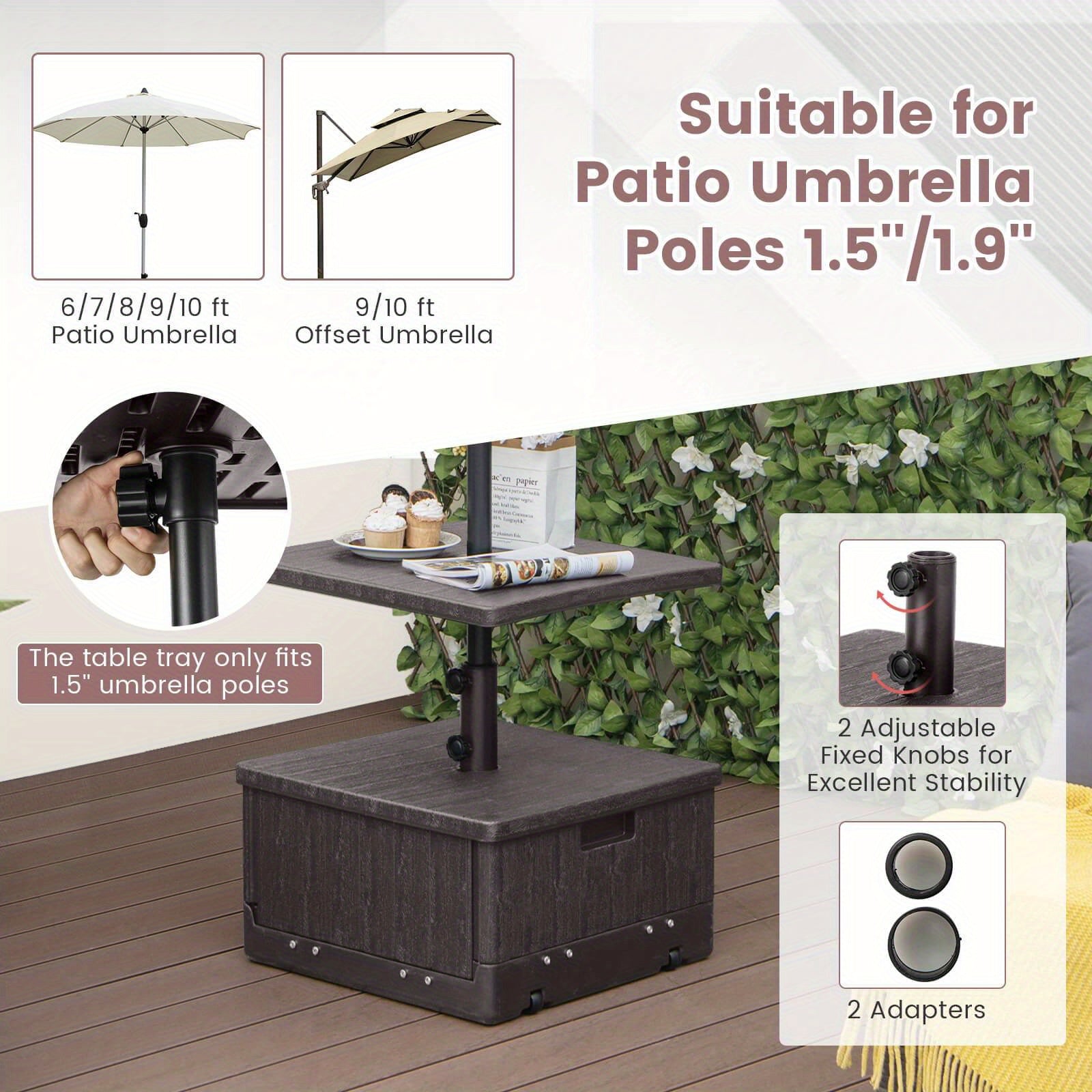 Multigot Patio 175lbs Fillable Umbrella Base w/Table Tray Wheeled 3-in-1 Stand Outdoor 