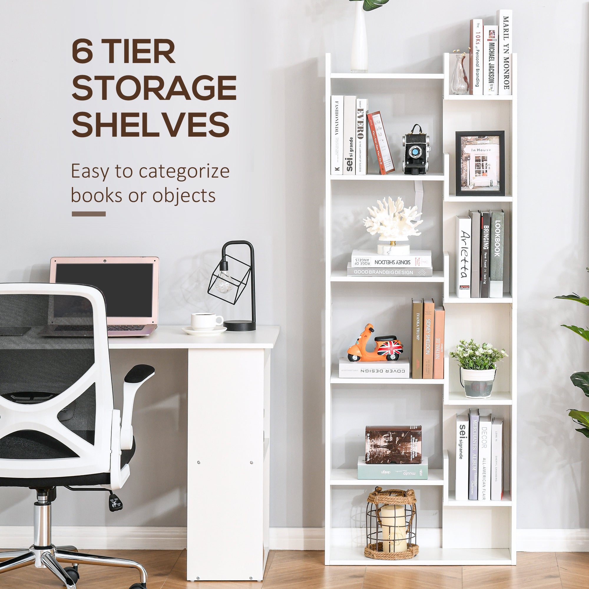 HOMCOM 6-Tier Tall Modern Bookcase: Floor Standing Shelving Unit for Living Room, Home Office, White 