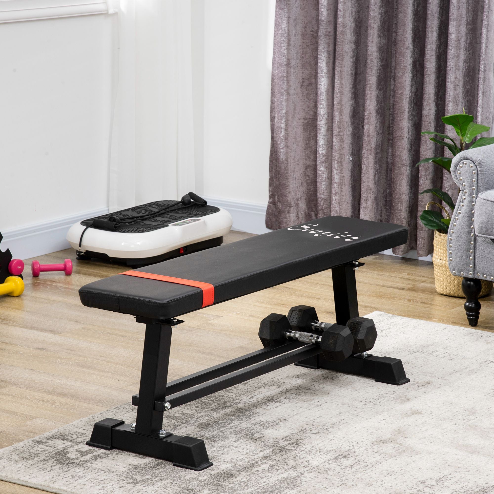 Soozier Flat Weight Bench with Dumbbell Rack, Padded Seat and Anti-slip Foot Pads for Home Gym Workout 