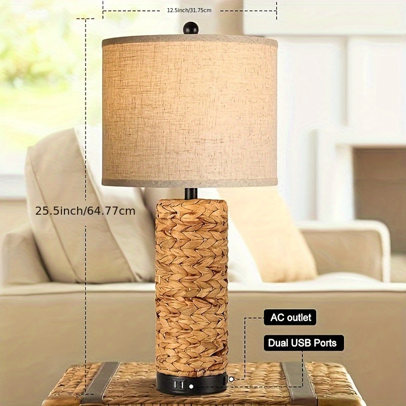 Set of 2 Rustic Touch Table Lamps for Bedroom 3 Way Dimmable Modern Farmhouse Nightstand Lamps for Living Room Coastal Sea Grass Bedside Lamps with 2 USB Ports and 1 AC Outlet, 2700K LED Bulbs Included 