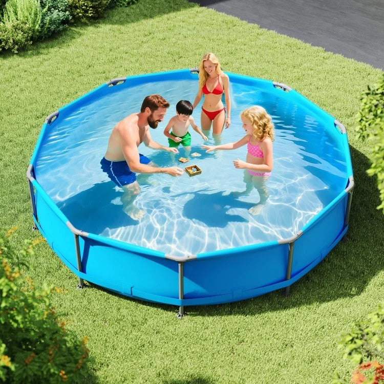 1617 Gallon Outdoor Family Swimming Pool with Metal Frame – 12 ft Above Ground Backyard Pool (Blue/Gray)