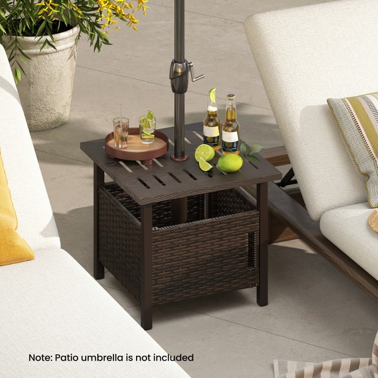 Outdoor Side Table with 1.93" Umbrella Hole All-Weather PE Wicker Patio Umbrella Table-Brown
