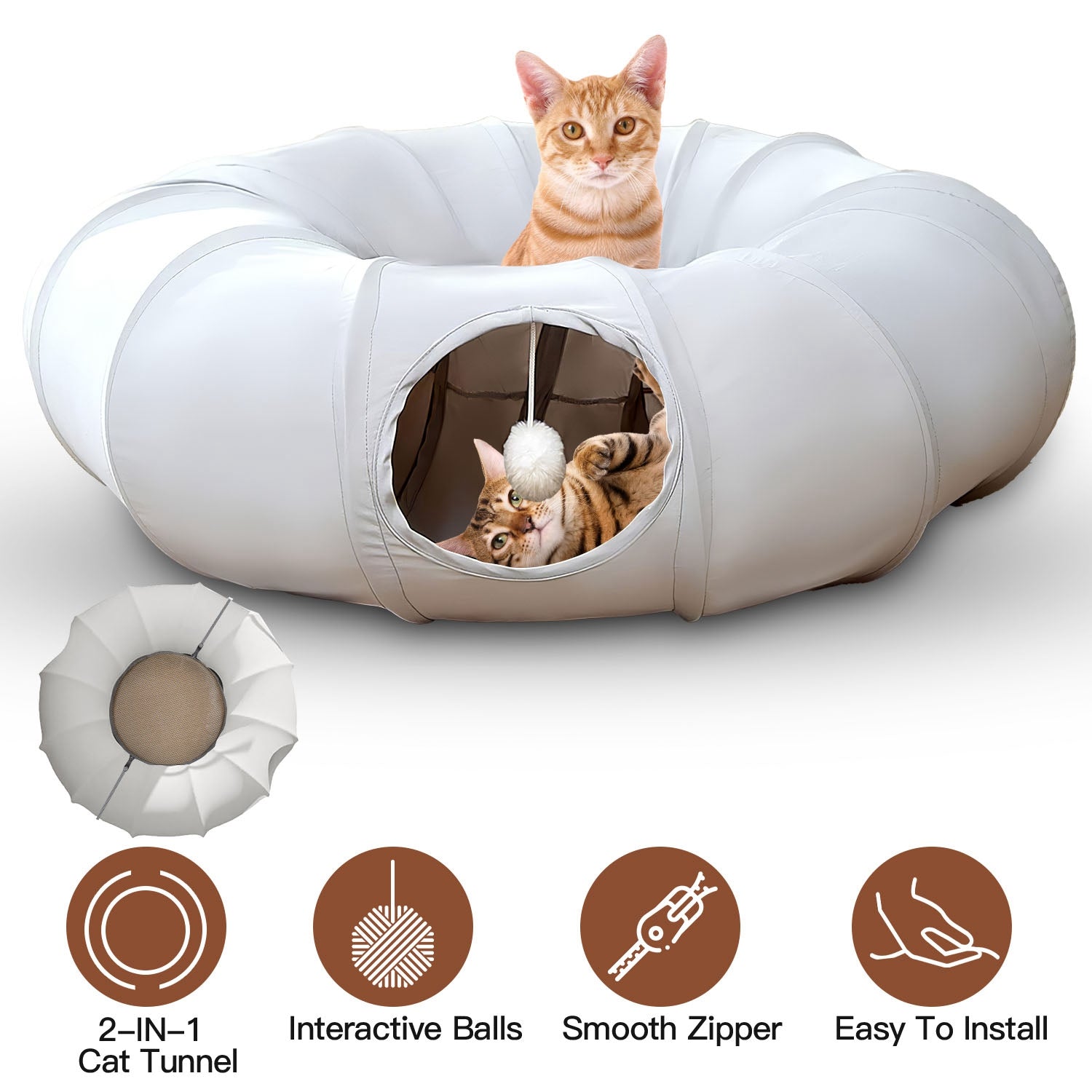 Indoor Cat Tunnel Bed with Interactive Hanging Ball Circle Cat Tunnel Cooling Fabric Central Soft Mat Flexible Design Foldable Tunnel for Cats Puppy 