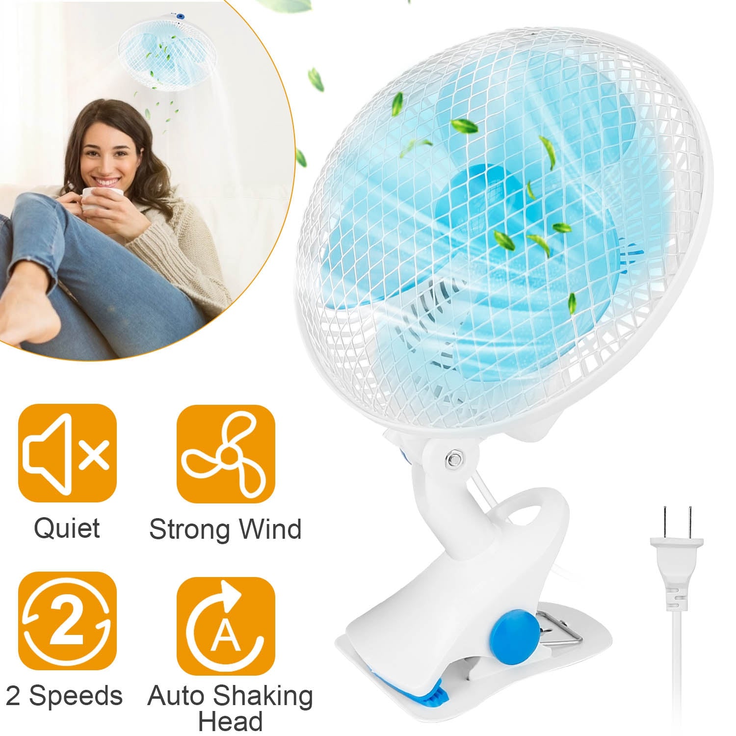 Clip On Fan 2 Speeds Quiet Clamp Fan Adjustable Tilt Auto Shaking Fan Wall Mount Personal Fan For Desk Office Home Baby Strollers Table Tops w/ 3.94FT