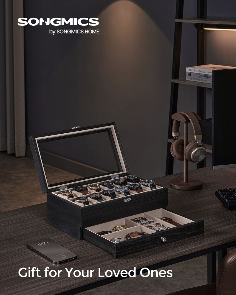 SONGMICS 8 & 12-Slot Watch Box with Large Glass Lid 