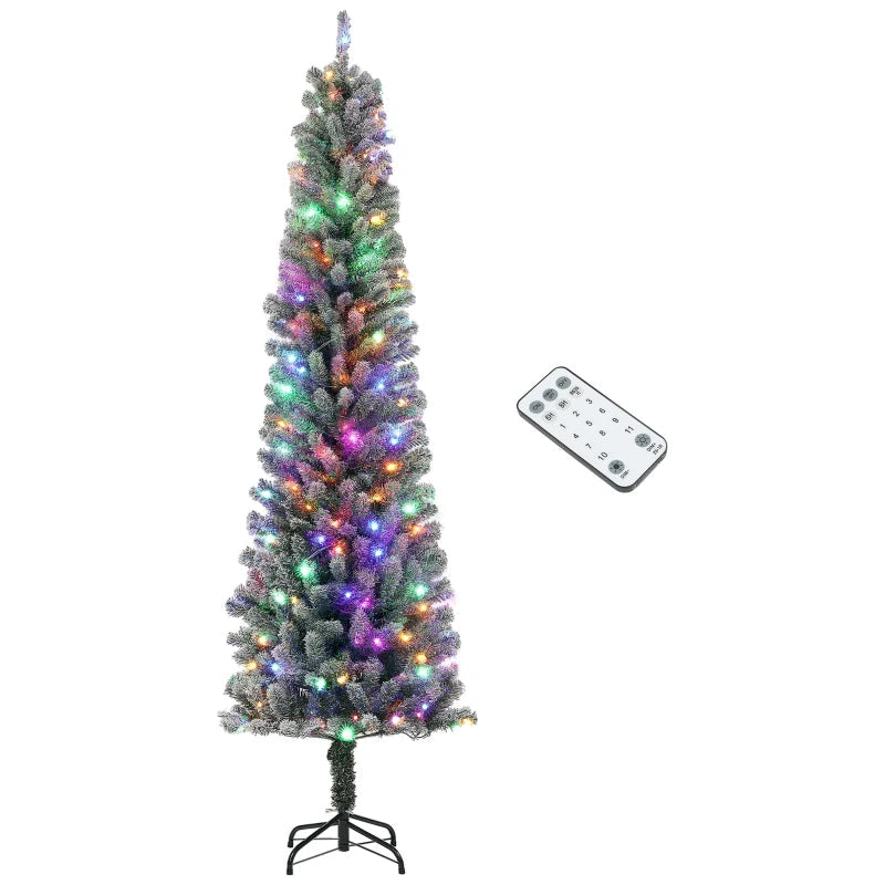 HOMCOM 6FT Prelit Pencil Christmas Tree with Remote, Slim Artificial Flocked Xmas Tree with Dual-Colour LED Lights, 429 Tips & Metal Stand 
