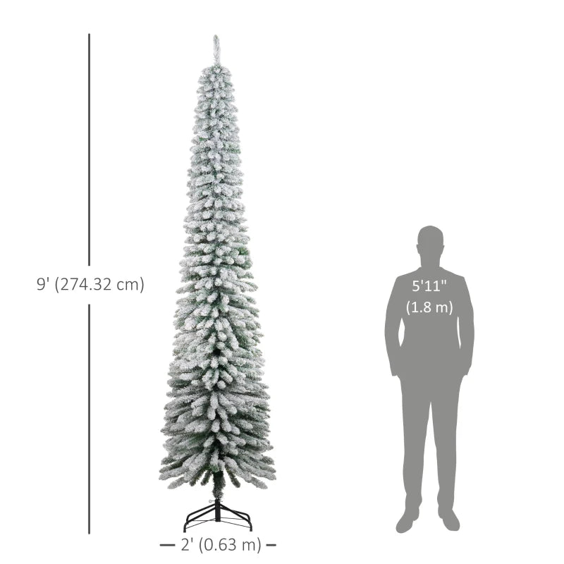 HOMCOM 7ft Snow-Flocked Artificial Christmas Tree – Slim Pencil Design, 490 Realistic Branches, Metal Base, Green 