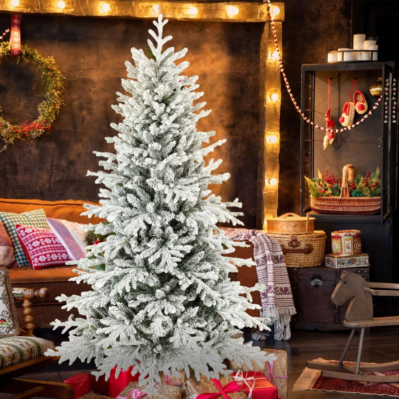 HOMCOM 7FT Artificial Flocked Christmas Tree, Full Snow-Covered Pine Xmas Tree with Realistic Tips, Hinged Branches, and Metal Stand 