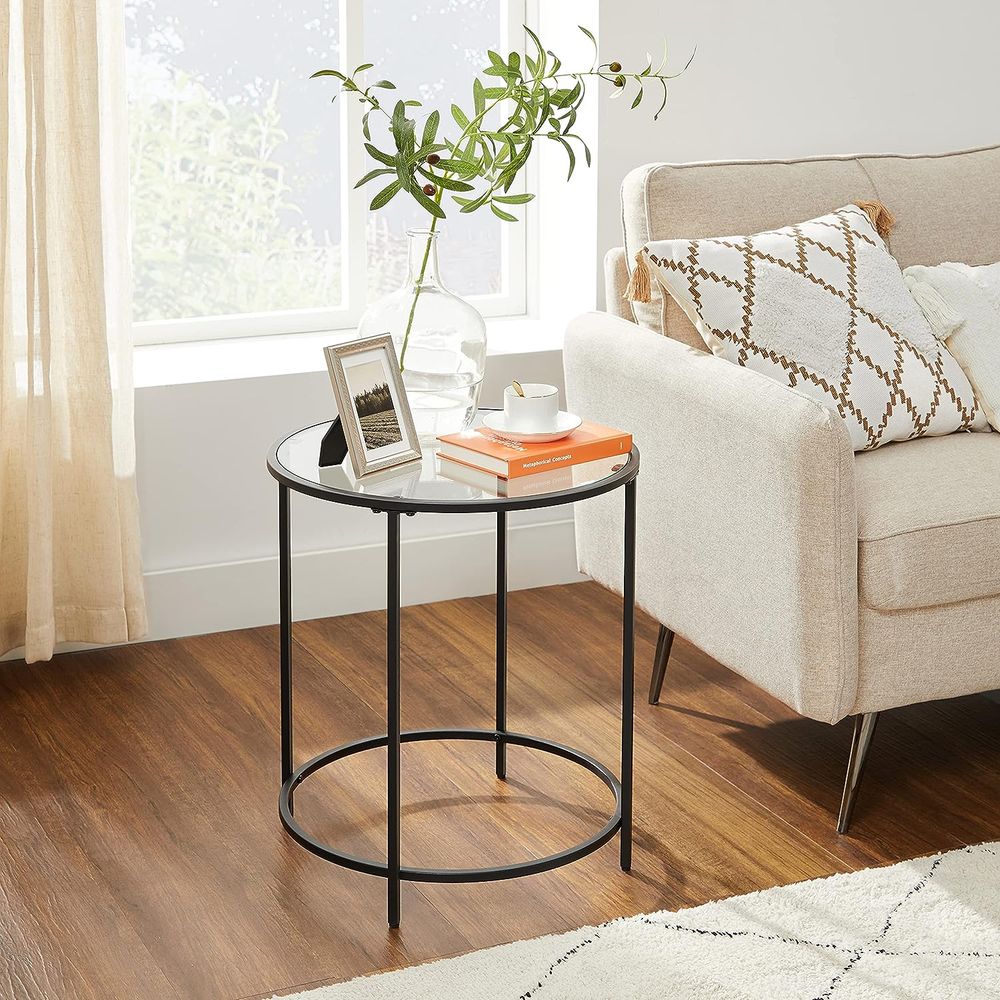 VASAGLE Glass Round Side Table with Metal Frame 