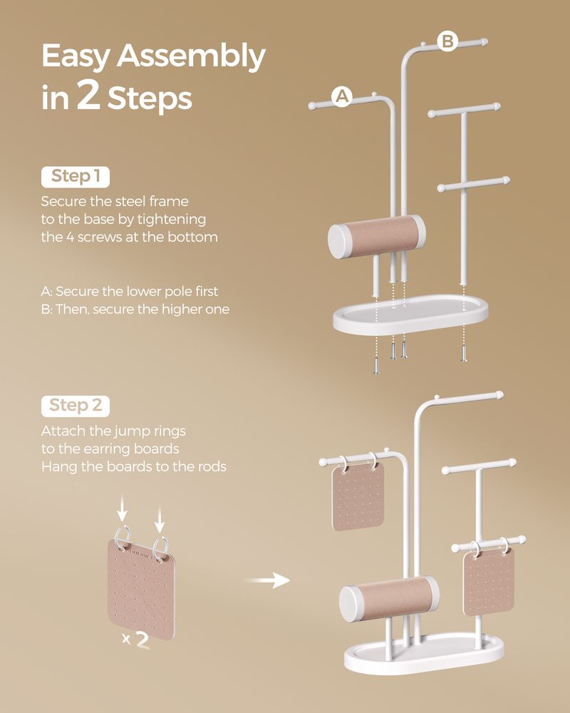 SONGMICS Jewelry Stand with Metal Frame, 2 Earring Boards, 4 Hanging Rods 