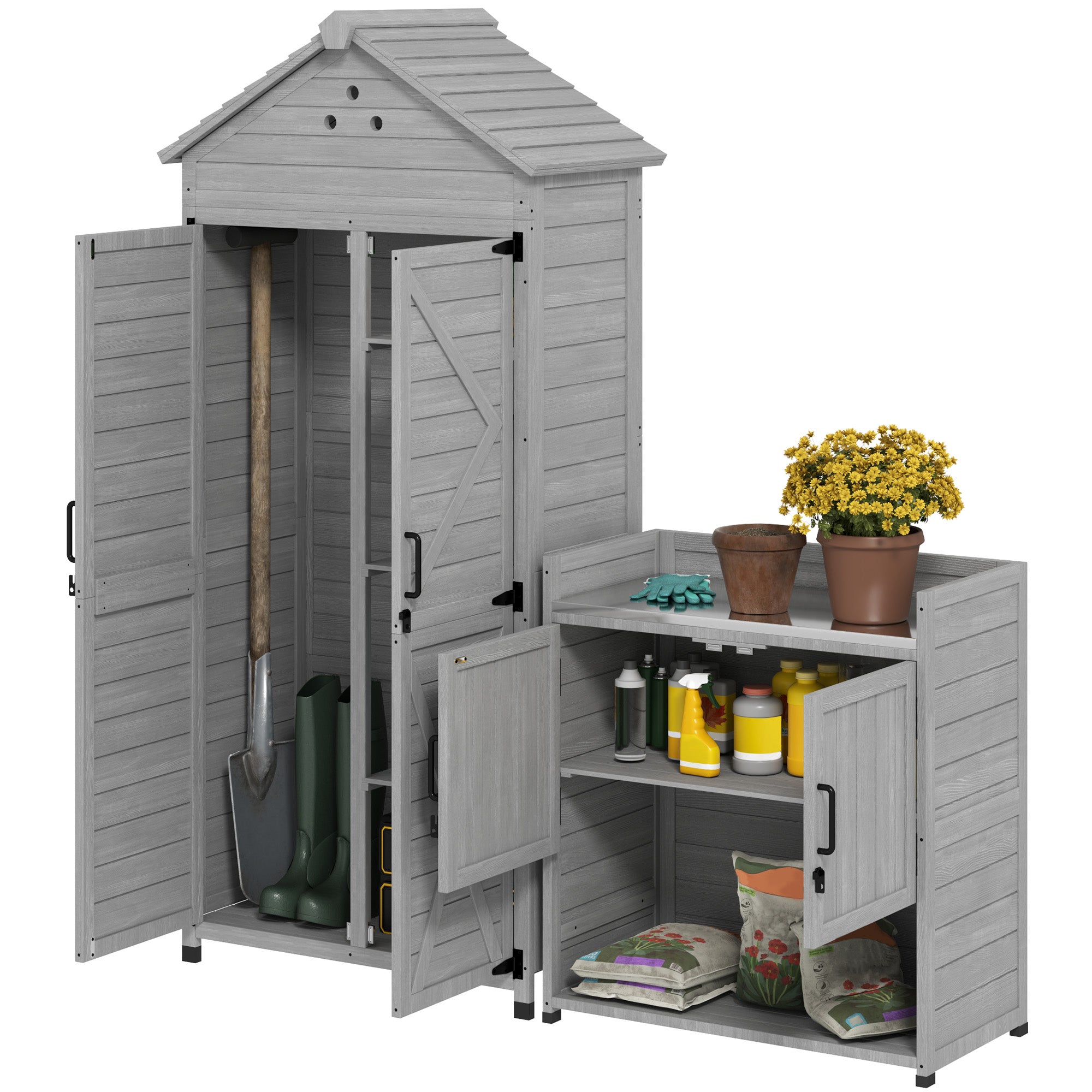 Outsunny 2-in-1 Outdoor Storage Cabinet, Wood Garden Shed with Shelves, Vent Holes, Foot Caps for Backyard, Patio, Lawn 