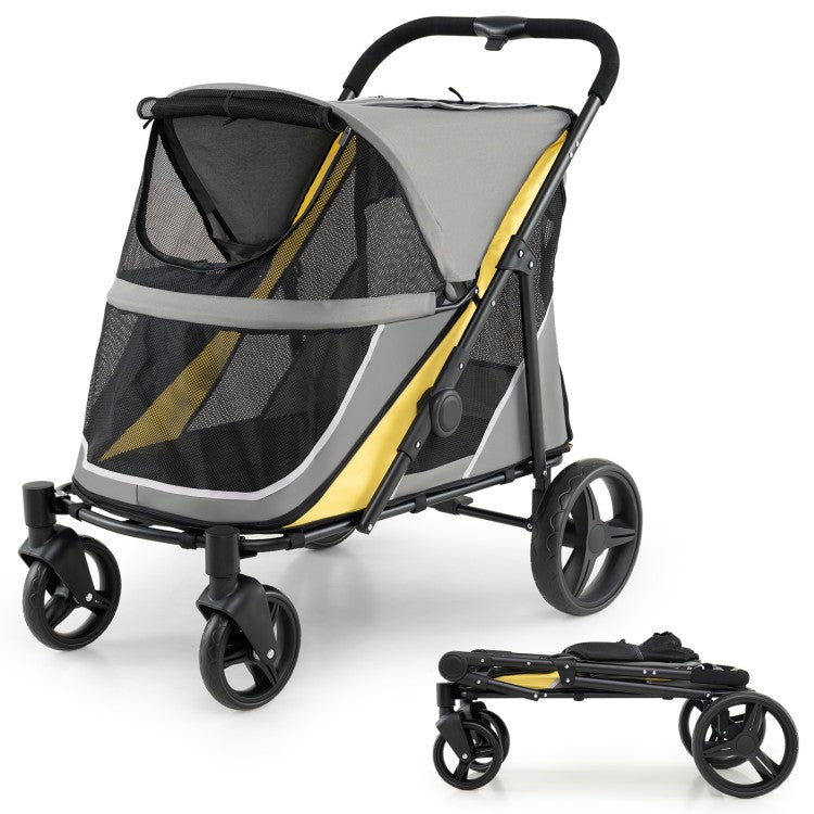 220 lb Heavy-Duty Dog Stroller for Large & Medium Dogs, Foldable Pet Stroller with Shock-Absorbing Wheels, Gray & Yellow