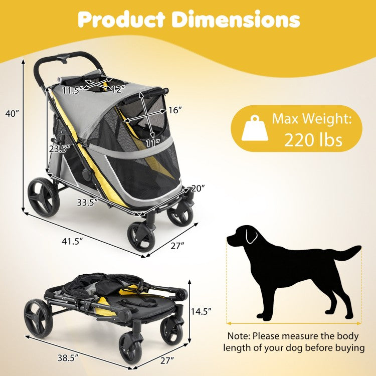 220 lb Heavy-Duty Dog Stroller for Large & Medium Dogs, Foldable Pet Stroller with Shock-Absorbing Wheels, Gray & Yellow