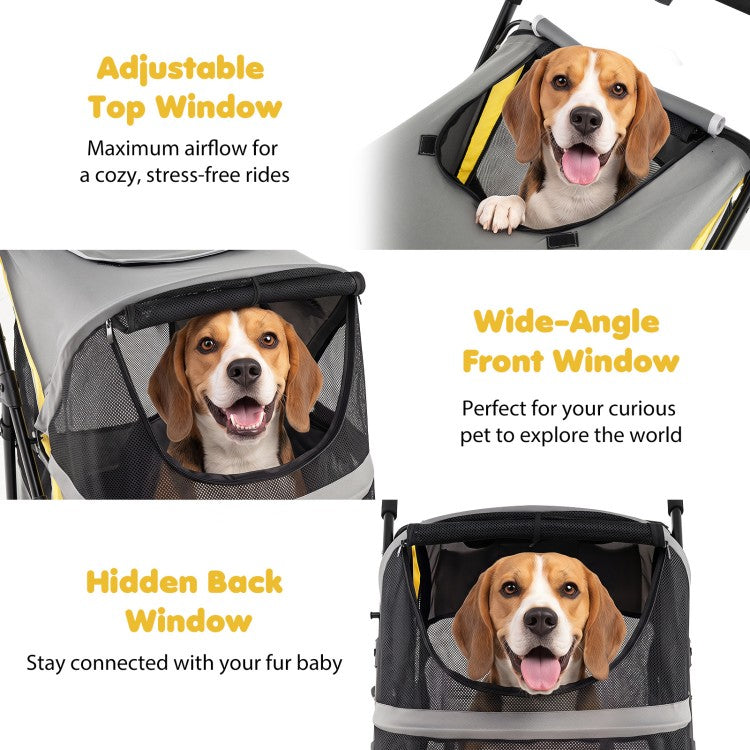 220 lb Heavy-Duty Dog Stroller for Large & Medium Dogs, Foldable Pet Stroller with Shock-Absorbing Wheels, Gray & Yellow