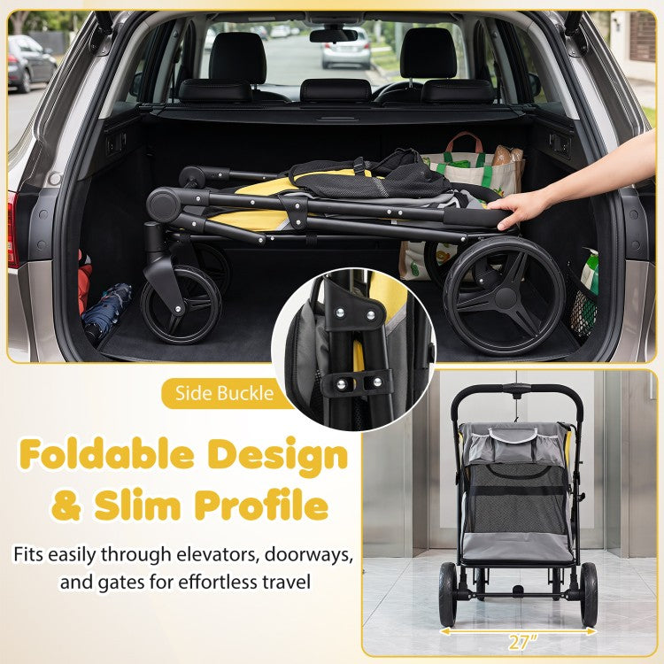 220 lb Heavy-Duty Dog Stroller for Large & Medium Dogs, Foldable Pet Stroller with Shock-Absorbing Wheels, Gray & Yellow