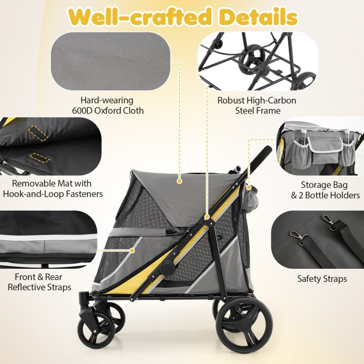 220 lb Heavy-Duty Dog Stroller for Large & Medium Dogs, Foldable Pet Stroller with Shock-Absorbing Wheels, Gray & Yellow