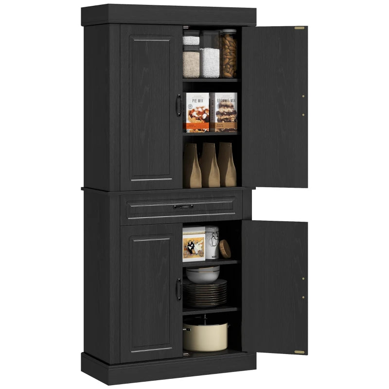 71" Freestanding Kitchen Pantry with 4 Doors and 2 Cabinets, Tall Storage Cabinet for Kitchen, Distressed Black