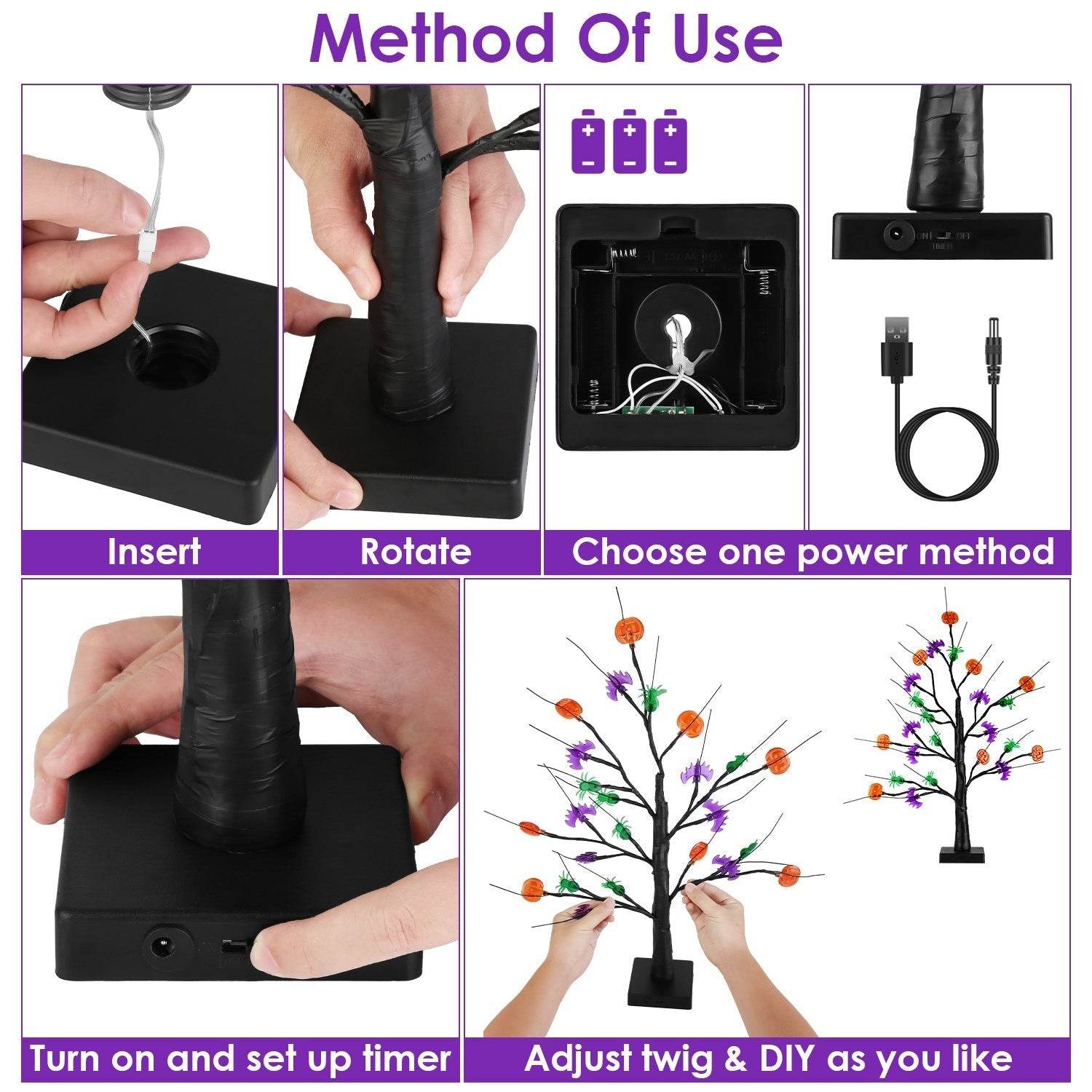 2Pack 1.97FT Lighted Halloween Trees Halloween Indoor Decorations Black Halloween Tree Lights With Timer Adjustable Twigs For Tabletop Party 