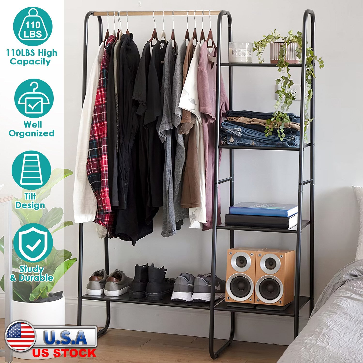 Metal Garment Hanging Rack Shoe Clothing Organizer Shelves Freestanding Clothing Hanging Rail Clothes Wardrobe Shoe Display Organizer with 1 Hanging R 