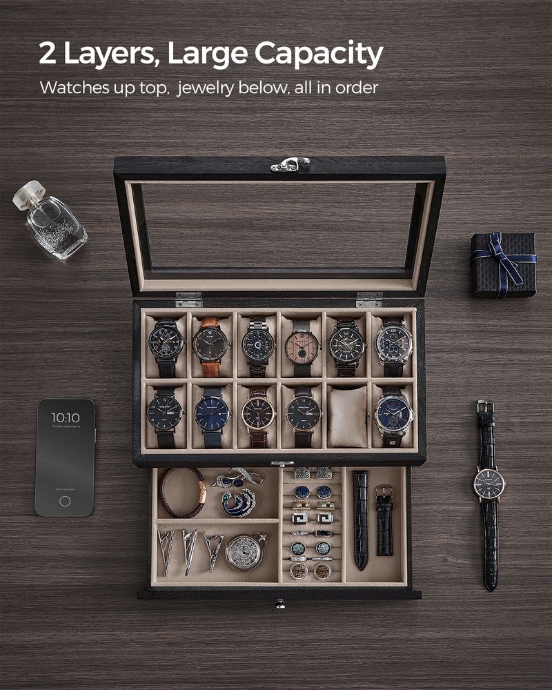 SONGMICS 8 & 12-Slot Watch Box with Large Glass Lid 