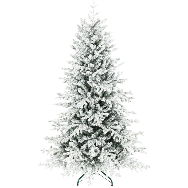 HOMCOM 7FT Artificial Flocked Christmas Tree, Full Snow-Covered Pine Xmas Tree with Realistic Tips, Hinged Branches, and Metal Stand 
