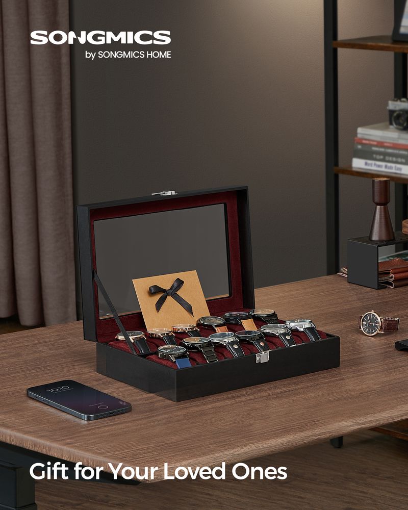 SONGMICS 6 & 12-Slot Watch Box with Large Glass Lid 