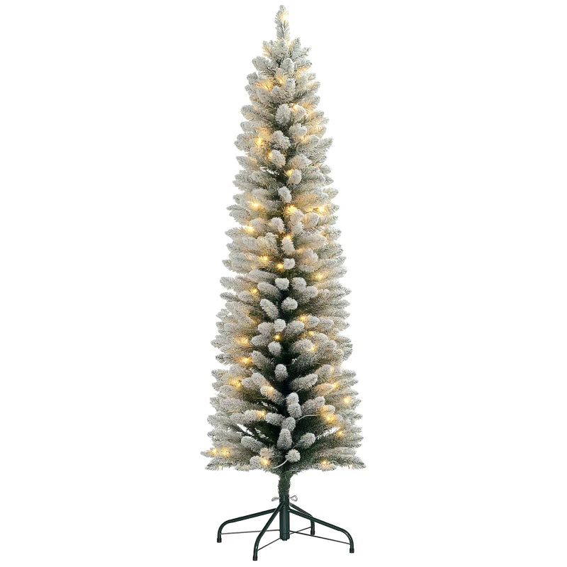HOMCOM 5FT Prelit Pencil Christmas Tree with Warm White LED Lights, Slim Artificial Snow Flocked Xmas Tree with Metal Base 