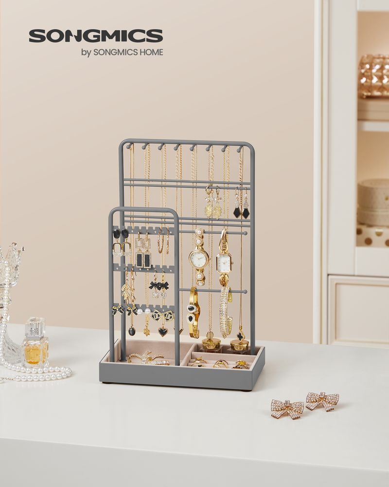 SONGMICS Jewelry Holder with Metal Frame and Velvet Tray 