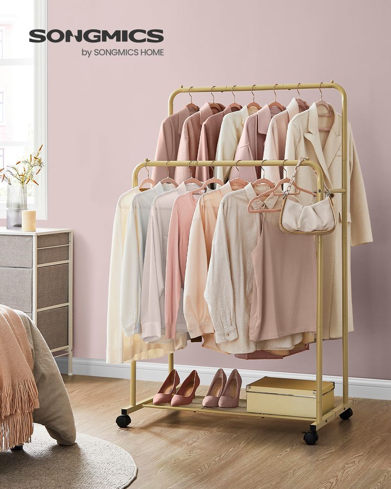SONGMICS Clothes Rack with Wheels and Dense Mesh Storage Shelf 