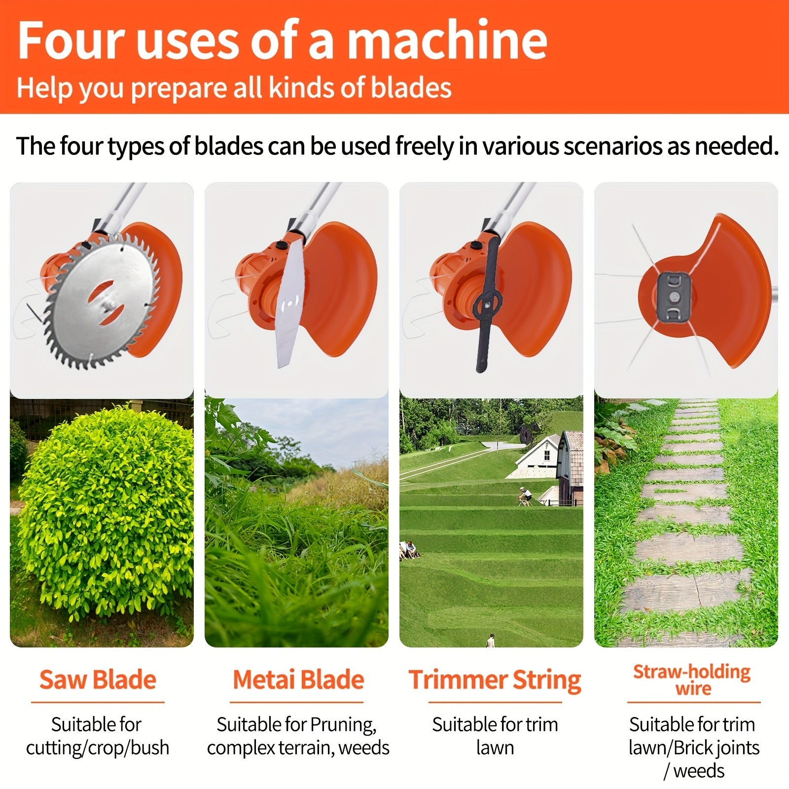 Portable Cordless Electric Lawn Mower, Grass Trimmer Handheld Weeder with 4 Different Blade Models and Two Large Capacity Lithium Batteries, Suitable for Outdoor and Patio Use, Includes Charger 