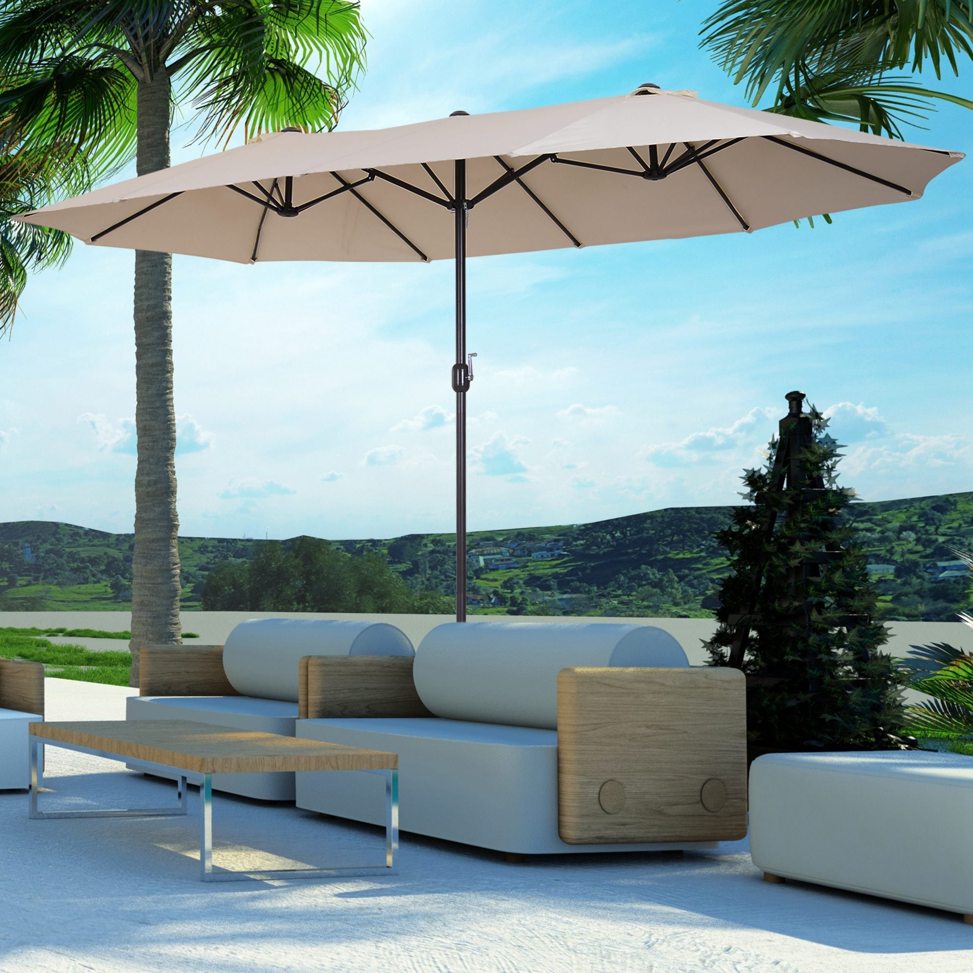 Outsunny 15ft Beige Twin Canopy Patio Umbrella Outdoor Sunshade with Steel Table Lift Crank for Spacious Shade 