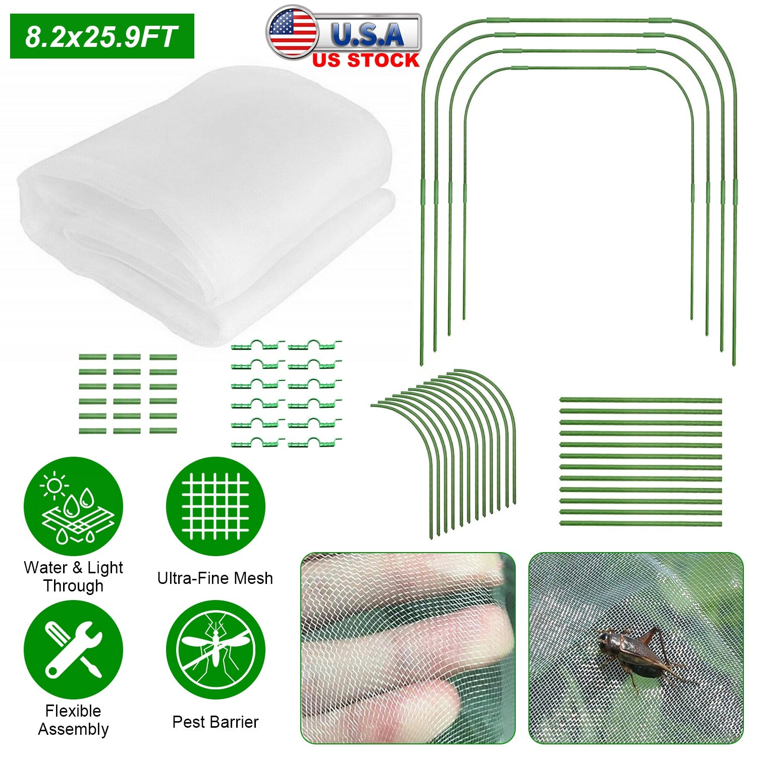 Garden Mesh Netting Kit With 8.2x25.9FT Ultra Fine Screen Mesh 12 Clips 6Pcs Garden Hoops Greenhouse Raised Bed Plant Covers Garden Barrier For Vegeta 