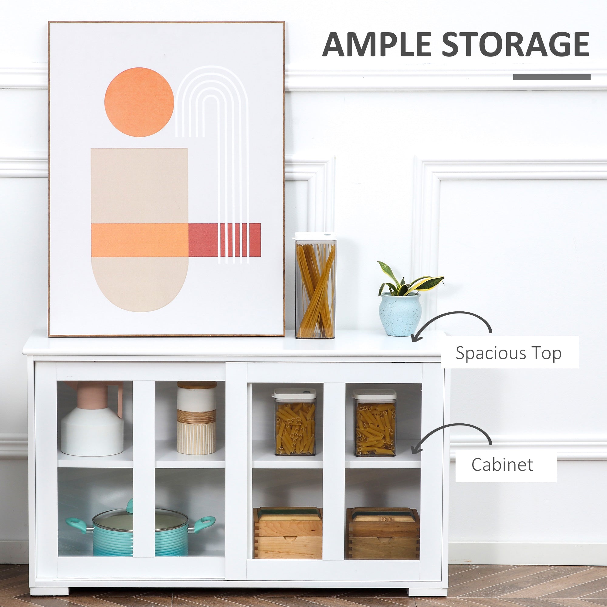 HOMCOM Modern Stackable Cabinet: Kitchen Sideboard Bar Cabinet, Glass Door Console, Cupboard Serving Buffet, Sleek White 