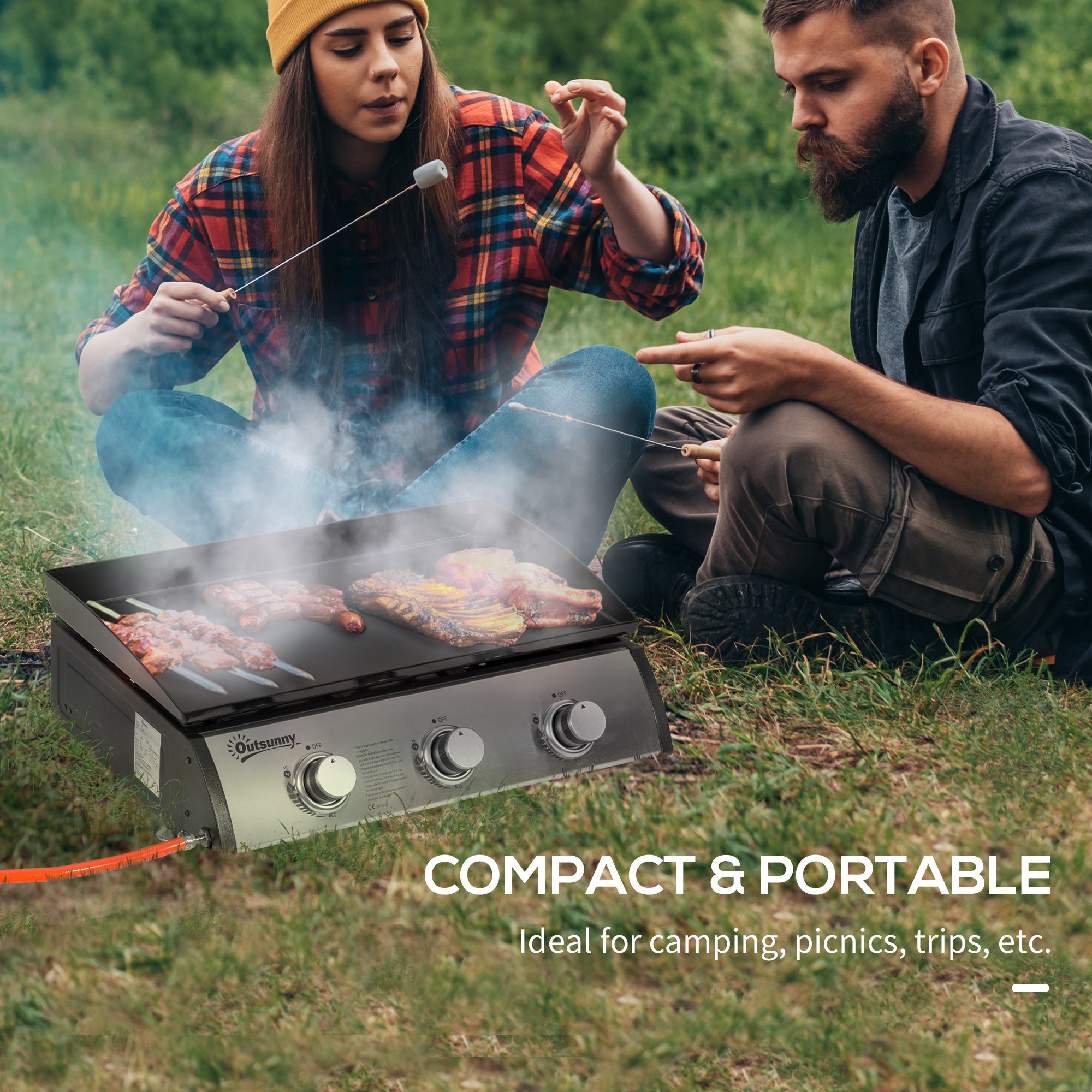 Outsunny 3 Burner Liquefied Gas Grill, Portable Tabletop BBQ Grill, for Camping, Picnic, Silver 