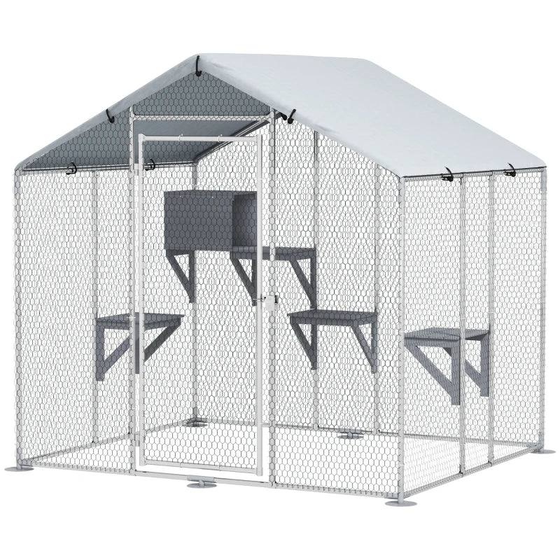 79" Extra Large Metal Outdoor Catio with Waterproof Cover, Resting Box, 4 Platforms, for Multiple Rabbits, Chicken