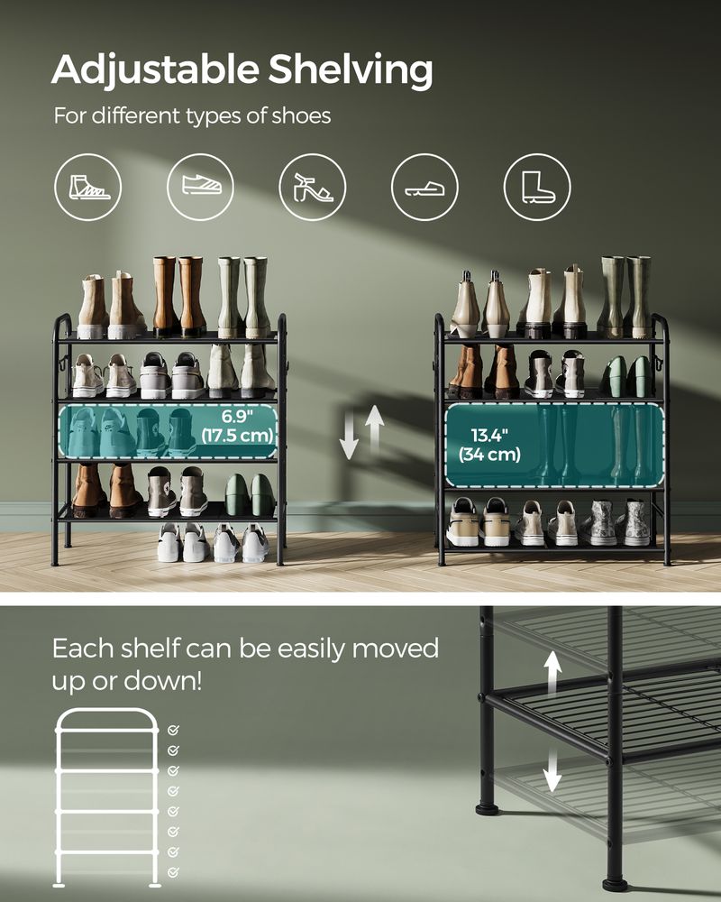 SONGMICS Shoe Rack with 4 Side Hooks, Holds 10 Pairs of Shoes 