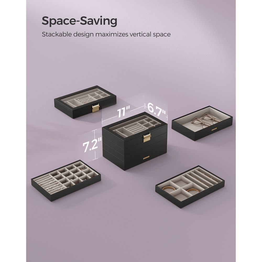 SONGMICS Stackable Jewelry Trays with Glass Lid 
