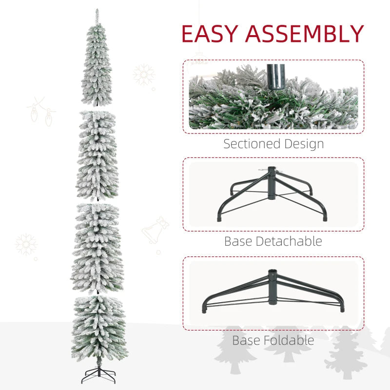 HOMCOM 7ft Snow-Flocked Artificial Christmas Tree – Slim Pencil Design, 490 Realistic Branches, Metal Base, Green 