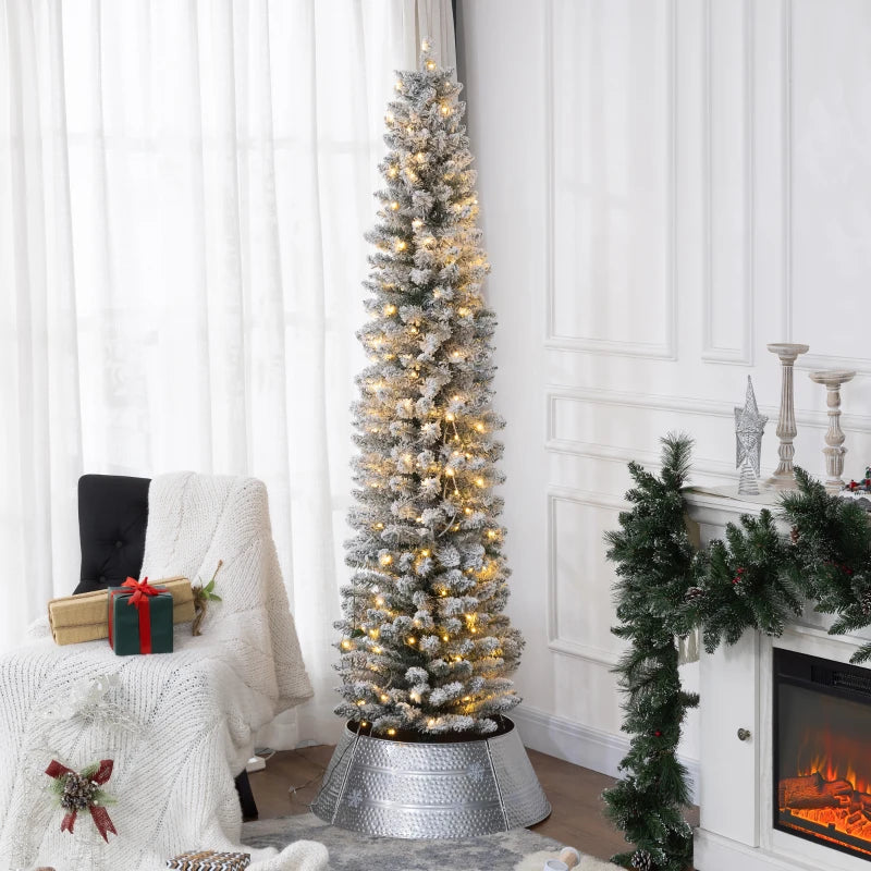HOMCOM 5FT Prelit Pencil Christmas Tree with Warm White LED Lights, Slim Artificial Snow Flocked Xmas Tree with Metal Base 