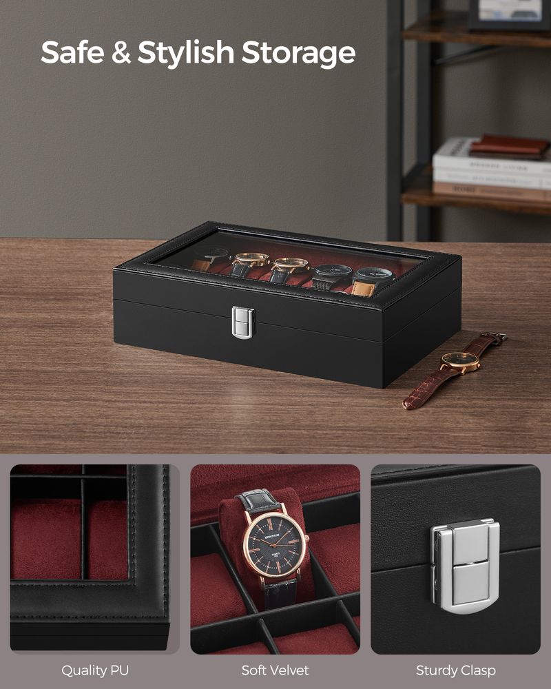 SONGMICS 6 & 12-Slot Watch Box with Large Glass Lid 