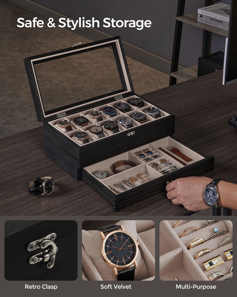 SONGMICS 8 & 12-Slot Watch Box with Large Glass Lid 